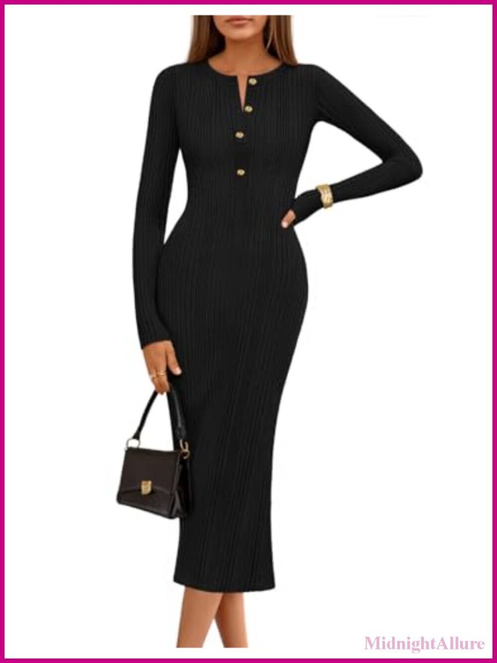 Long Sleeve Bodycon Ribbed Knit Sweater Dress Button Down